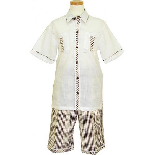 Silversilk White With Brown / Beige / White Plaid 2 Pc Short Set Outfit 100% Linen 2841/841S
